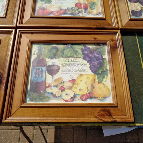 SET OF FIVE WATERCOLOR WINE PRINTS IN STEPPED PINE WOOD FRAMES WITH GLASS - Picture 15 of 16